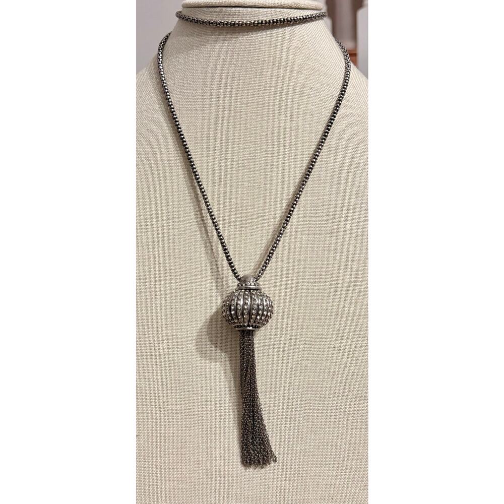 Vintage Silver Tone Rhinestone Tassel Pendant Long Necklace 31”